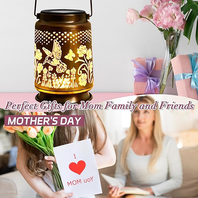 KY&BOSAM Solar Lanterns Outdoor Waterproof Rose Hummingbird Garden Decor Birthday Gift for Women Mom Grandma Hangings Solar Lights Metal Diwali Decoration Outside Lantern for Yard Patio Backyard Porch