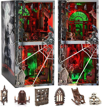 Haunted Horror Book Nook Kit, DIY Miniature Dollhouse Halloween Booknook Kit, Spooky Creepy Scary 3D Wooden Puzzle Bookend Bookshelf Insert Decor with LED Light (Haunted Mansion)