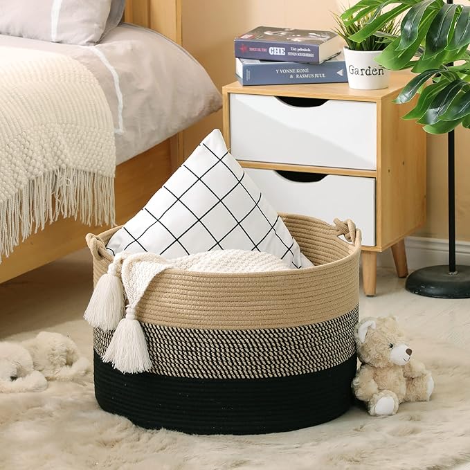 KAKAMAY Large Blanket Basket (20"x13"),Woven Rope Baskets for storage Baby Laundry Hamper, Cotton Rope Blanket Basket for Living Room, Laundry, Nursery, Pillows,Baby Toy chest (Jute/Black)