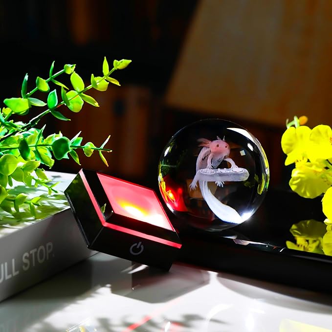 Axolotl Glass Animals Gamer Room Decor - 3D Crystal Ball Night Light Statue, 3.15'' Gamer Gifts for Kids