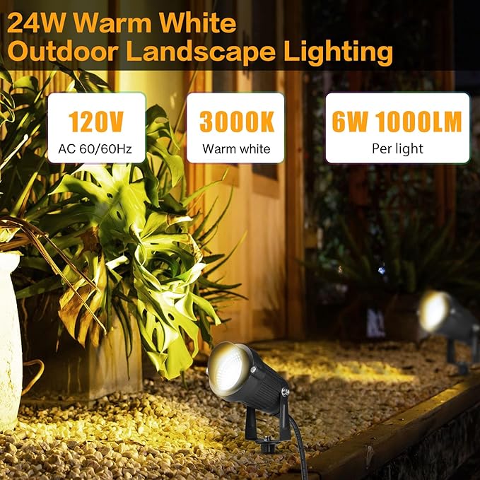 Outdoor Landscape Lighting, 24W 4 Pack Outdoor Spot Lights with Transformer for Yard, Plant, Lawn, Tree, Flags, House, Garden, Fence, 120V Low Voltage Landscape Lights, IP65 Waterproof