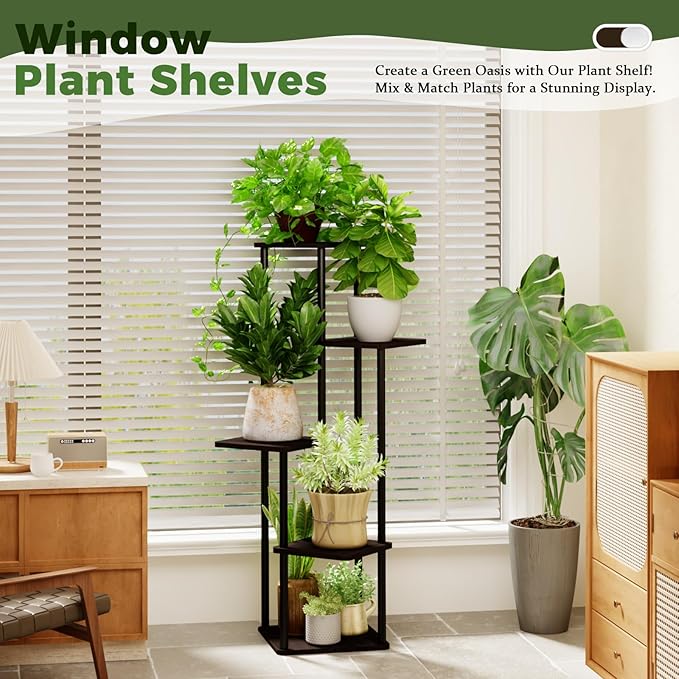 5 Tiered Plant Stand Indoor Corner Plant Shelf for Multiple Plants for Patio Garden Balcony Living Room Bedroom, Tall Metal Flower Pots Stand Relaxing for Women Gift Black Oak