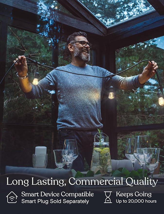 Brightech Ambience Pro - Waterproof LED Outdoor String Lights - 15 Bulbs, Dimmable 2W Vintage Spiral Edison Bulbs - 48 Ft Commercial Grade Patio Lights Cafe Ambience in Your Backyard