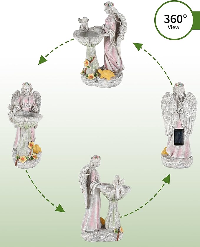 iStatue Solar Angel with Mushroom Bird Bath Statue - 9.5'' Garden Decor for Outside Clearance, Color-Changing Lights Lawn Ornaments Baby Turtle Figurine for Yard Patio Balcony (Angel)