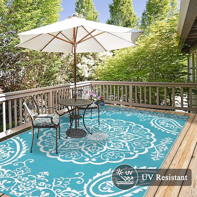 Pauwer Waterproof Outdoor Rug 5x8, Reversible Plastic Straw Patio Camping Rug, Indoor Outdoor RV Mat Carpet for Deck, Camper, Porch, Balcony, Backyard, Picnic, Boho Teal