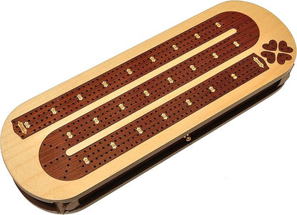 PALM ROYAL HANDICRAFTS 4 Track Wooden Cribbage Board Set Inlaid in Rose Wood and Maple Wood with pegs and Cards. Storage Available. 4 Player Cribbage Board (15 x 5 Inches)