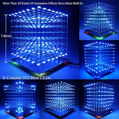 3D Led Cube Light DIY Kit with 3D Animation Editing Software Squared LED 8x8x8 Electronic Toy for Children and Teenagers Learning Activities Suit(3D8S-BLUE)