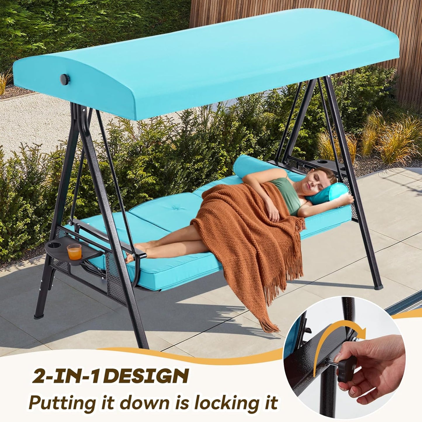 3 in 1 Outdoor Porch Swing with Adjustable Canopy, 3 Seat Outdoor Swing for Adults, Patio Swing Chair with Thickened Cushions,Pillows & Cup Holders for Backyard, Porch, Garden (Turquoise)