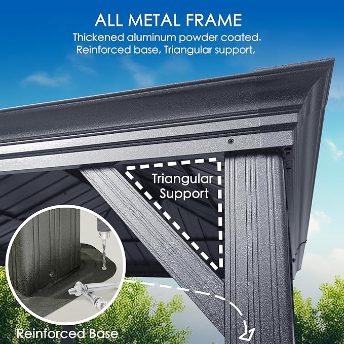 Kozyard Alexander 12' X 16' Hardtop Permanent Aluminum Metal Gazebo with Galvanized Steel Double Roof Canopy, Curtain and Netting Pavilion for Patio, Backyard, Deck, Lawn (Gray)