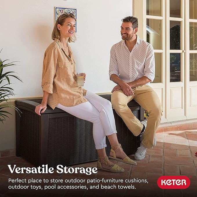 Keter Outdoor Storage Deck Box, for Patio, Backyard & Garden, Borneo, 110 Gallon, Brown - Lockable, Organizing, and Waterproof Plastic Container Bench