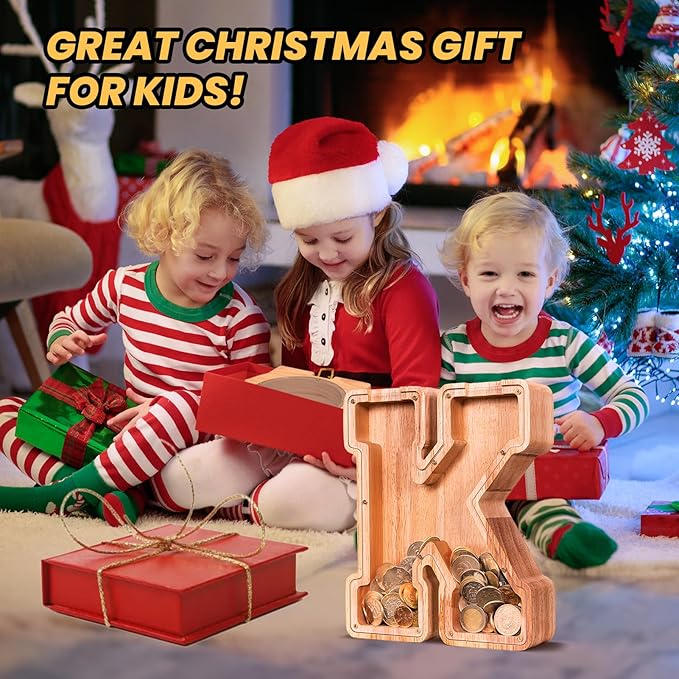 KMC Wooden Letter Piggy Bank, Personalized Initial Piggy Bank for Kids Boys, Clear Alphabet K Wood Money Box, Unbreakable Coin Saving Jar, Birthday, for Children