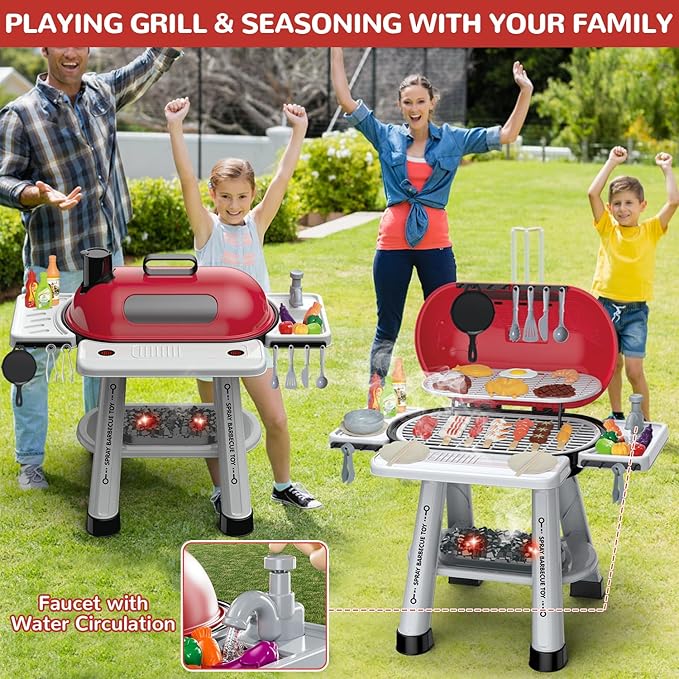 Kids BBQ Grill Playset - 69PCS Kitchen Playset with Smoke, Light, Sound - 2-Layer Toy Grill Barbecue Cooking Set - Pretend Play Food Hamburger, Interactive Toy for Kids 4-8 Boys Girls