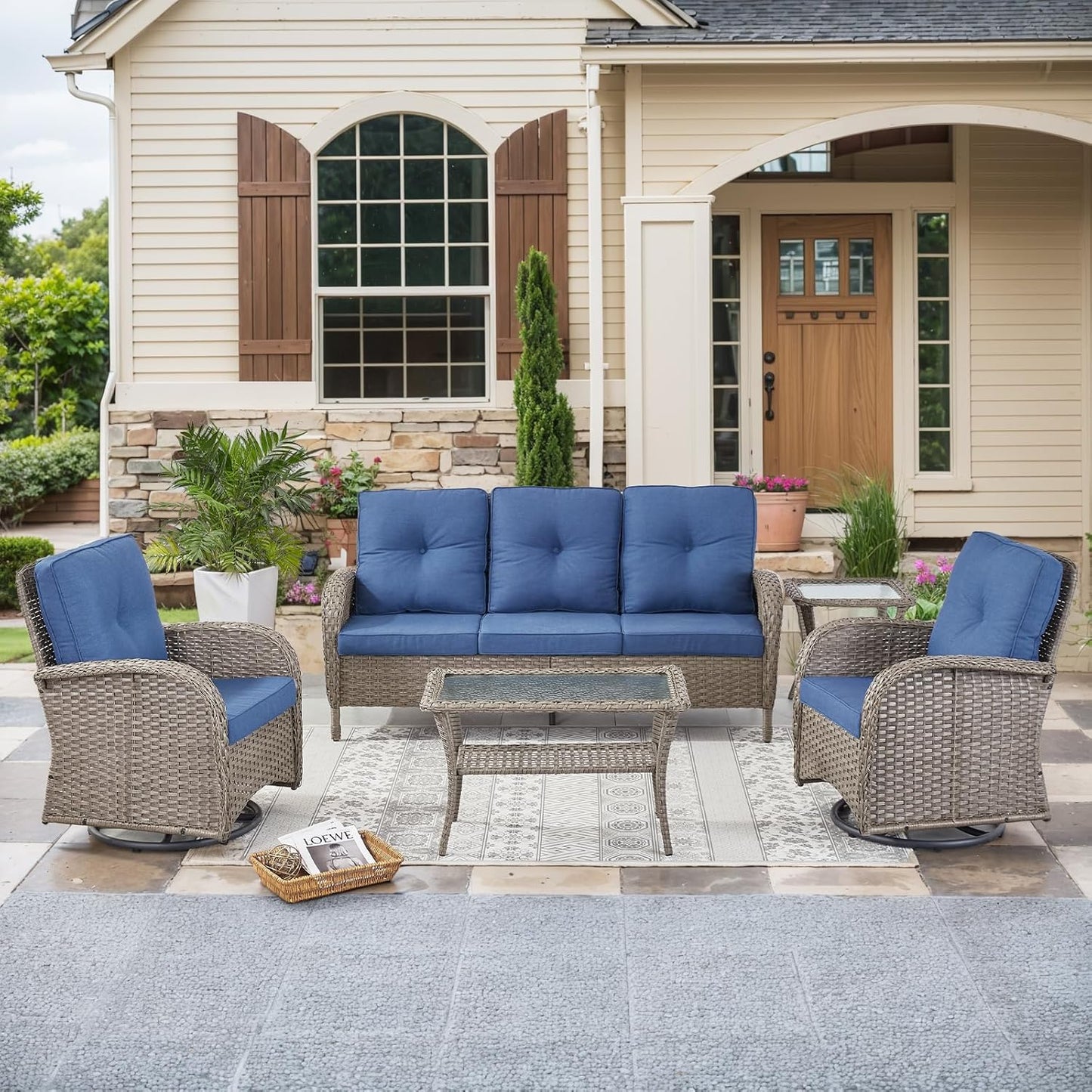 HUMMUH Wicker Patio Furniture Set-All Weather Rattan Patio Sofa Set with Swivel Rocker Chairs Outdoor Conversation Set for Deck Lawn Porch Balcony Poolside-Grey/Blue