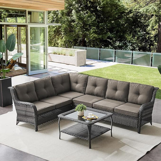 Outdoor Furniture Sectional Sofa L Shaped Couch - Patio Wicker Furniture Set with Coffee Table, 3 Piece Rattan Patio Conversation Sets with Gray Cushion for Deck Backyard Sunroom