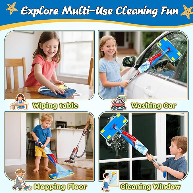 Kids Cleaning Toy Set - Toddler Cleaning Set with Real Working Kids Spray Mop, Microfiber Pads, Cloth & Scraper | Role Play Educational Toys for Boys Girls, Montessori Toddler Toys Gifts