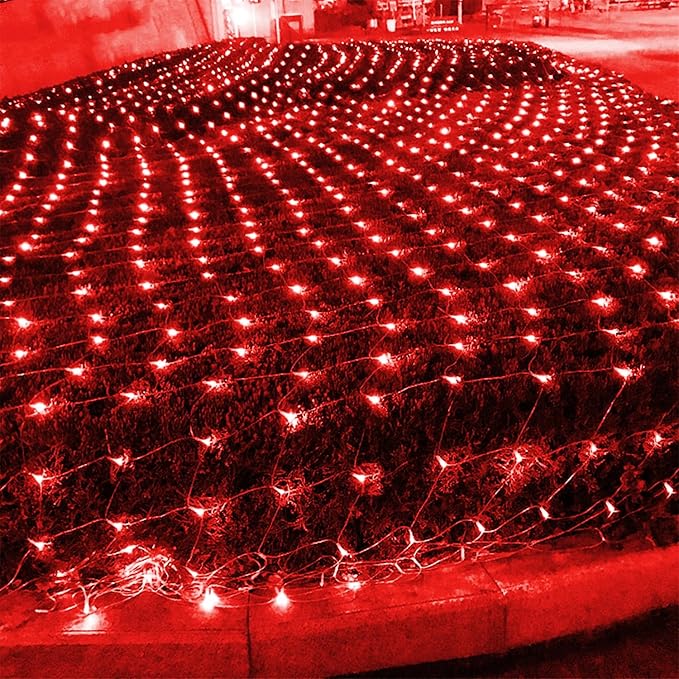 WATERGLIDE Outdoor Christmas Net Lights, 12FT x 5FT 360 LED Mesh String Light with 8 Lighting Mode, Connectable Waterproof Lights for Garden Tree Bushes, Valentines Wedding Party Decorations, Red