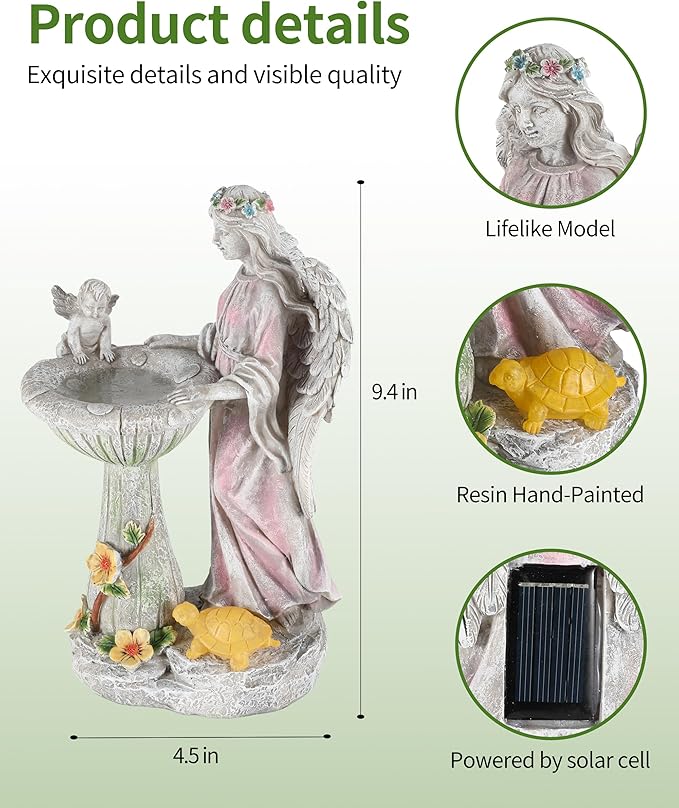 iStatue Solar Angel with Mushroom Bird Bath Statue - 9.5'' Garden Decor for Outside Clearance, Color-Changing Lights Lawn Ornaments Baby Turtle Figurine for Yard Patio Balcony (Angel)