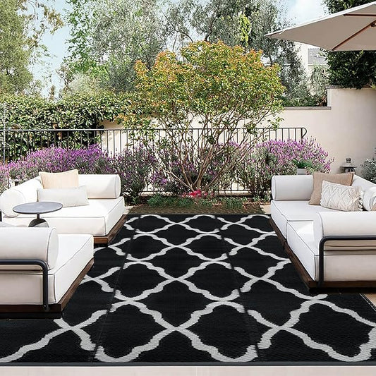 OutdoorLines Outdoor Plastic Area Rugs for Patio 4x6 ft - Reversible Outside Carpet, Stain & UV Resistant RV Mats, Straw Rug for Camping, Deck Garden, Porch and Balcony, Moroccan Black & Light Grey