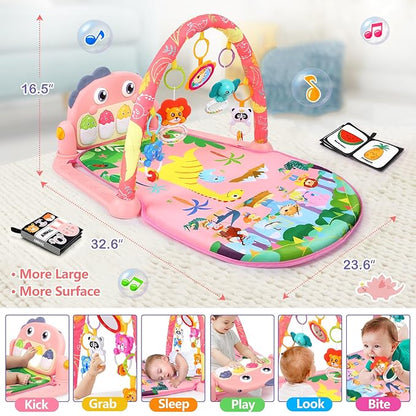 UMIKU Baby Play Mat Baby Tummy Time Mat Infant Newborn Musical Activity Center with High-Contrast Piano Music & Light Newborn Babies Gift for Girl Boy Babies 0-6 6-12 Month Pink Dinosaur