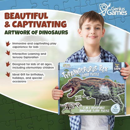 Tyrannosaurus Rex Dinosaur Jigsaw Puzzle | 100-Piece Double Sided Floor Puzzle with Glow-in-The-Dark Skeleton On Other Side | 4 FT Scientifically Accurate Dino Illustration | Educational Toy for Kids
