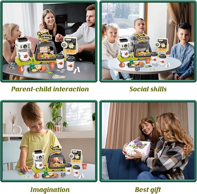 Kids Coffee Maker Play Set: Coffee, Cash Register, Play Food (Coffee, Donuts, Cookies, Egg Tarts, Croissants), Play Money - Educational Toy Kitchen Ages 3+