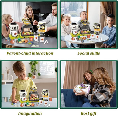 Kids Coffee Maker Play Set: Coffee, Cash Register, Play Food (Coffee, Donuts, Cookies, Egg Tarts, Croissants), Play Money - Educational Toy Kitchen Ages 3+