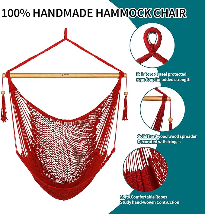 JoyView Hammock Chair with Spreader Bar Caribbean Hammock Swing Chair 300 LBS Weight Capacity XL Rope Hanging Chair for Outdoor Indoor Garden Yard - Red