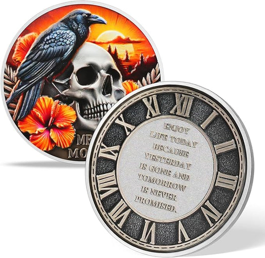 AtSKnSK Memento Mori Coin Momento Mori Coin Skull Coin Stoic Gifts Memento Mori Calendar Living Memento Mori Amor Fati Coin (Twilight Raven Skeleton)