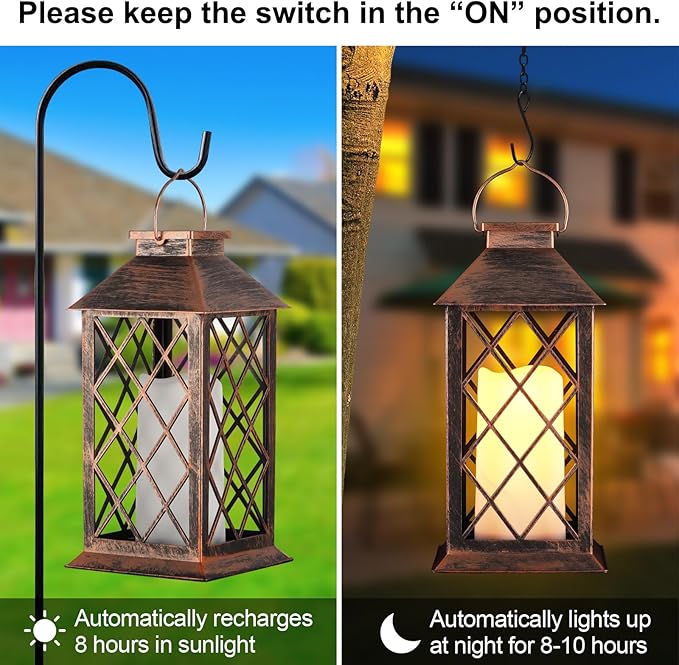Solar Lantern Outdoor Waterproof Garden Decor Hanging Lanterns Birthday Gifts for Women Mom 11" LED Flickering Flameless Candle Christmas Table Lights for Yard, Patio, Porch, Backyard (1 Packs)
