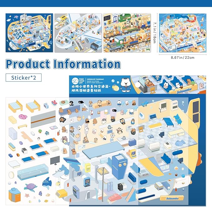 Girls 3D Miniature Scene Stickers, 4 Sets Traffic Series DIY House Stickers for Submarine, Train, Cruise Ship, Airplane,Cute 3D Cartoon Sticker Scenes for Adult Kids Relief Stress Pass The Time