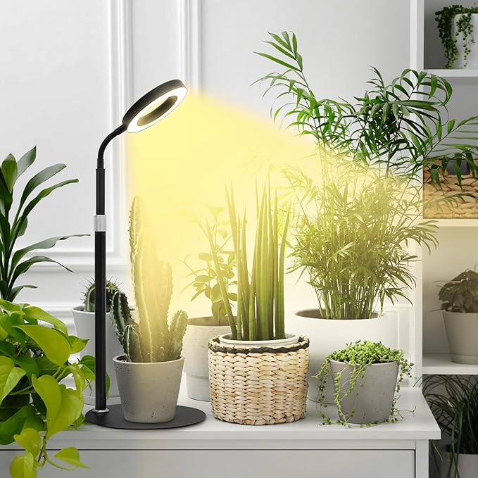 Grow Lights for Indoor Plants, Red Blue Yellow Full Spectrum Desktop Small LED Halo Plant Growing Lamps with Stand,Automatic Timer,24.2 inch Height Adjustable,10 Dimmable Levels,3 Lighting Modes,Black
