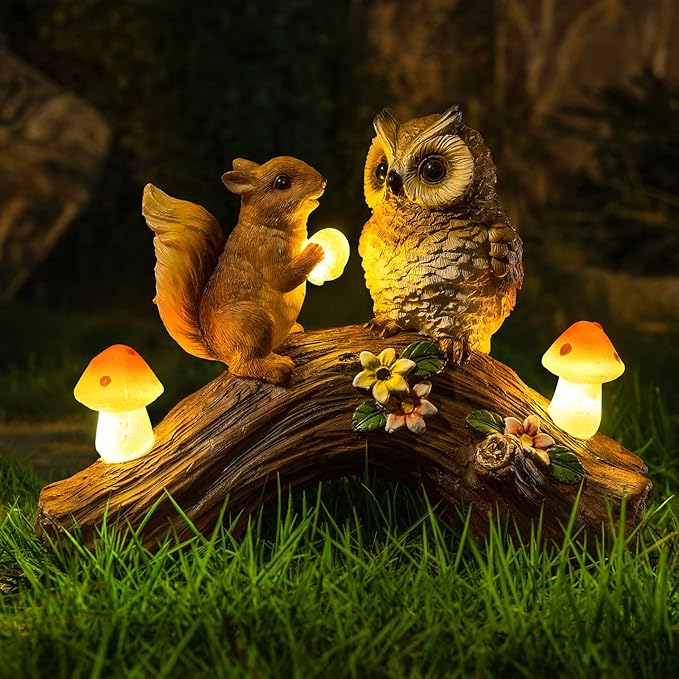 Solar Owl Garden Statues Outdoor Decor Resin Owl Squirrel Figurine with Mushroom Lights for Patio Lawn Yard Decorations Christmas Housewarming Gardening Gifts for Women Mom