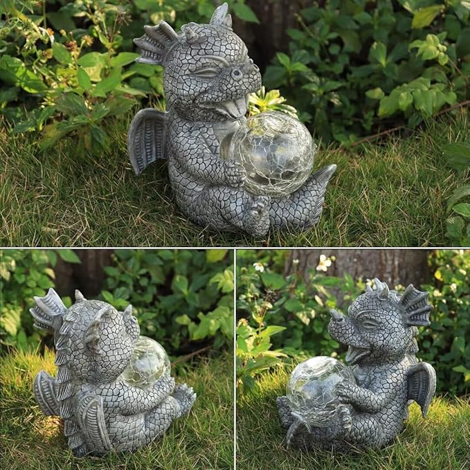 Garden Dragon Statue Outdoor Decor, Baby Resin Figurine Holding Magic Orb With Solar LED Lights, 7.1" for Patio, Lawn & Yard, Summer Gift for Mom