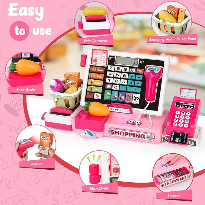 Kids Cash Register Toy Playset, Toddler Prentend Play Store with Real Calculator Cash Register with Scanner/Credit Card/Play Money/Food, Learning Toys for Boys Girls Toddlers(Pink)