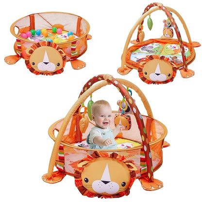 5-in-1 Baby Play Mat,Tummy Time Mat Baby Gym with 30 Balls & 4 Toys,Play Mat for Babies 0-6 Months Baby Play Gym Funny Animal,Lion