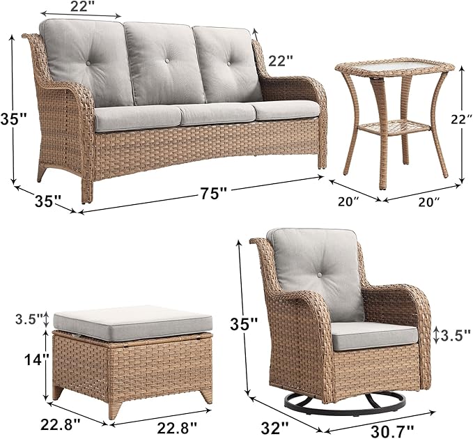 Outdoor Wicker Patio Furniture Set - 6 Piece Rattan Patio Conversation Set with 2 Rocking Swivel Chairs,2 Ottomans,1 Sofa and 1 Side Table for Porch Deck Backyard Garden(Yellow/Beige)