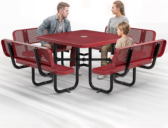 Metal Picnic Tables for Outdoors with Umbrella Hole - Coated Steel Heavy Duty Commercial Grade Table with Adjustable Seats (Red, 46 in, Square with Back, Expanded Steel)