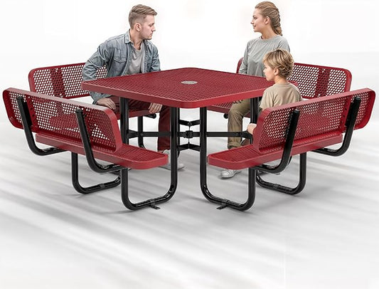 Metal Picnic Tables for Outdoors with Umbrella Hole - Coated Steel Heavy Duty Commercial Grade Table with Adjustable Seats (Red, 46 in, Square with Back, Expanded Steel)