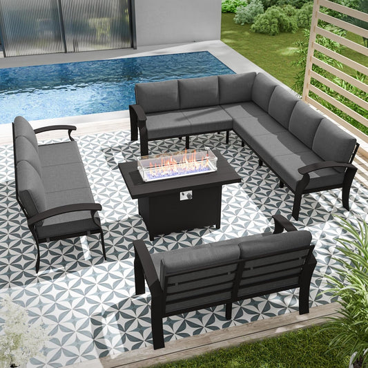 Aluminum Patio Furniture Set with Fire Pit Table, 11 Seats Outdoor Patio Conversation Set Modern Metal Patio Sectional Sofa with 5.1" Upgrade Cushions for Patio, Backyard(Grey).