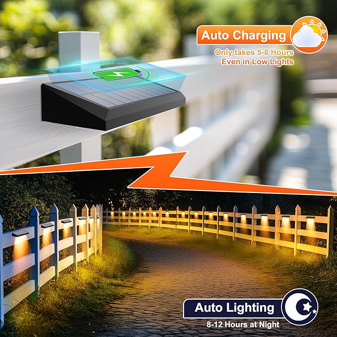 Solar Fence Lights Outdoor Waterproof IP65, 6 Pack Fence Lights Solar Powered 60 Lumens Auto On/Off Step Wall Lights Outside Decorations for Yard, Porch, Patio, Stairs, Pool, Deck, Garden- Warm Light