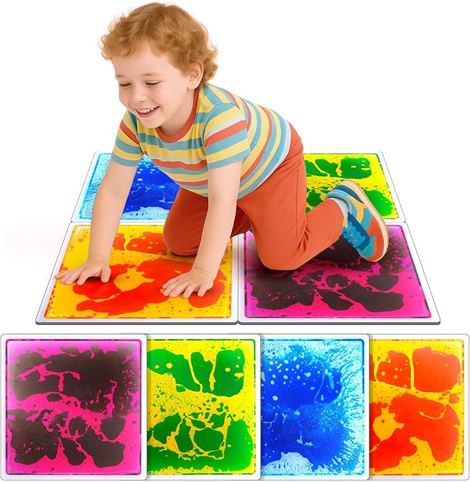 Sensory Floor Tiles for Kids Toddlers: 12"x12" Liquid Sensory Mats Puzzle Pads, Colorful Autism Sensory Play Mat for Dancing Stepping Lava Tile Games, Daycare Sensory Room Preschool Must Have(4 Pack)