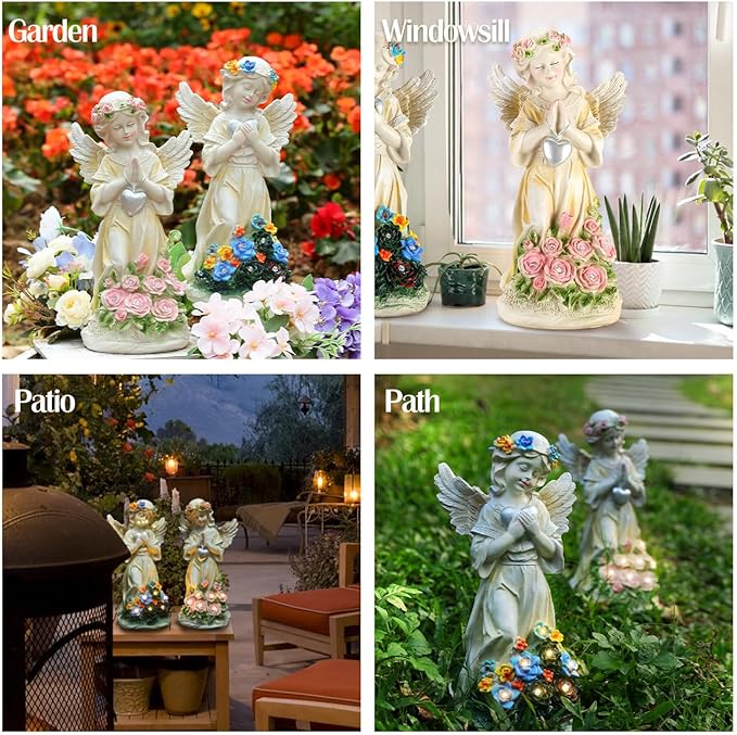 Angel Garden Statue 2Pcs,Love Heart Solar Garden Decor with Warm Light,Waterproof Praying Angel Statue with Flowers,Outdoor Garden Decor Sculpture for Lawn Yard Patio Garden Gifts,Apricot