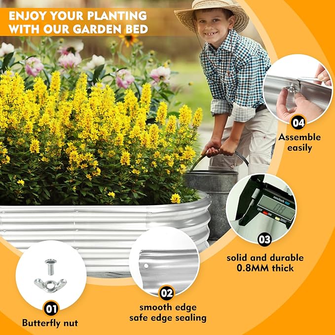 Durable-0.8MM Thick,Crimped Edge 5X2.7X1 FT Oval Galvanized Steel Raised Garden Bed/Galvanized Metal Planter Box for Planting in The Backyard/Garden(Silver, 60X32X12 Inches)