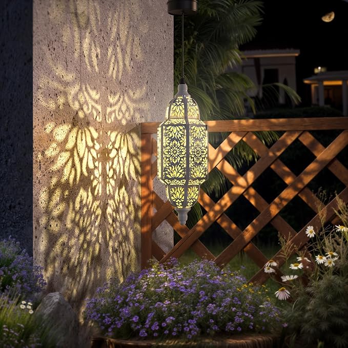 Twinkya 2 Pack Hanging Solar Lights Outdoor Garden Decorative Solar Lantern Waterproof Metal Moroccan Outdoor Decorations for Patio Pathway Yard Porch Backyard Garden Decor (White, 2 Pack)