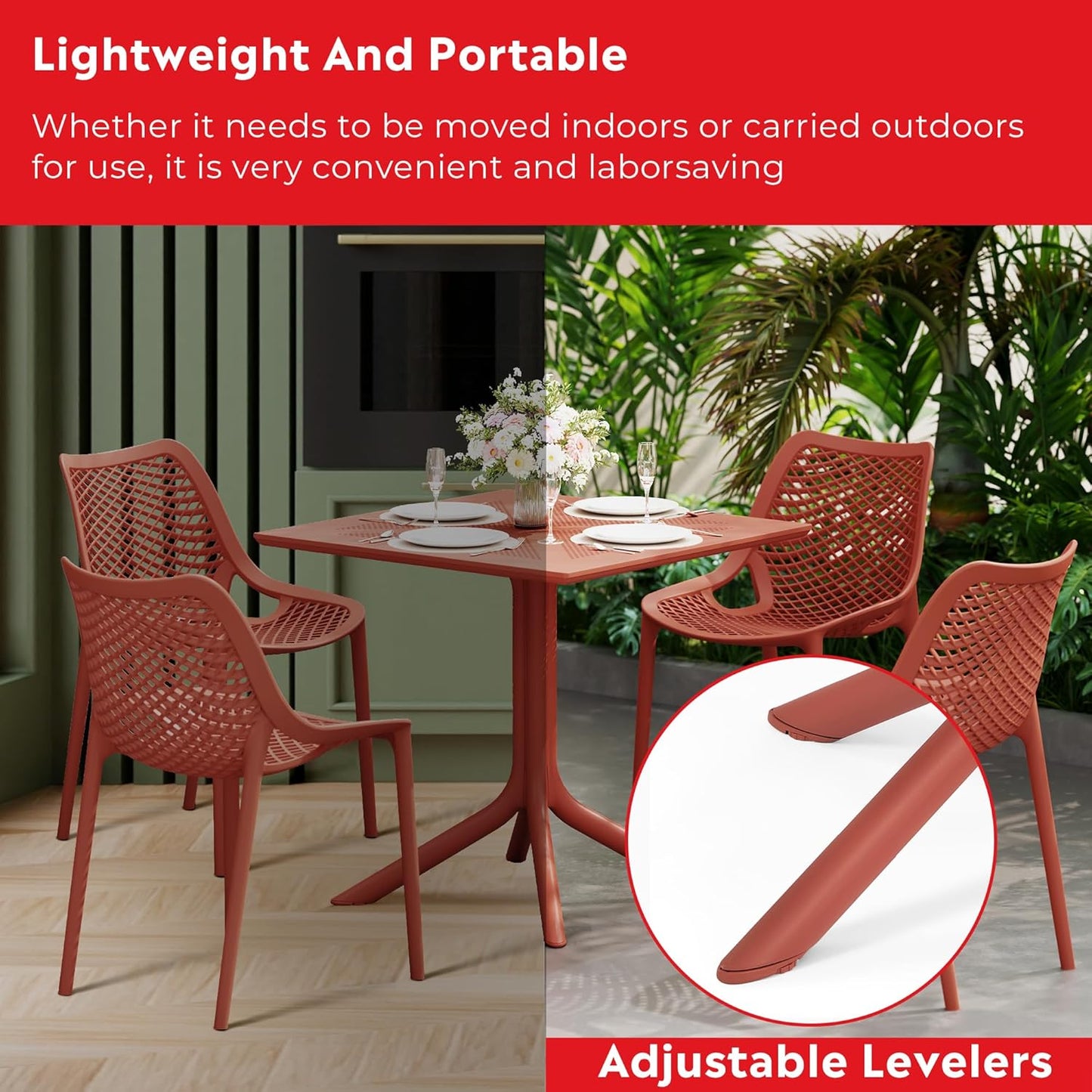 Table Chairs Set of 4, HDPE Patio Square Dining Table and Stackable Chairs, Outdoor Small Patio Furniture Set All Weather for Backyard Porch Poolside, Red