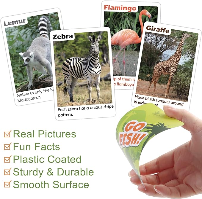 BenBen Go Fish Card Game for Kids, 104 Picture Cards, Jumbo Size, Safari Animal Learning Playing Cards, Memory Matching Games with Real Photos Fun Facts, 2-8 Players, Easter Basket Stuffers