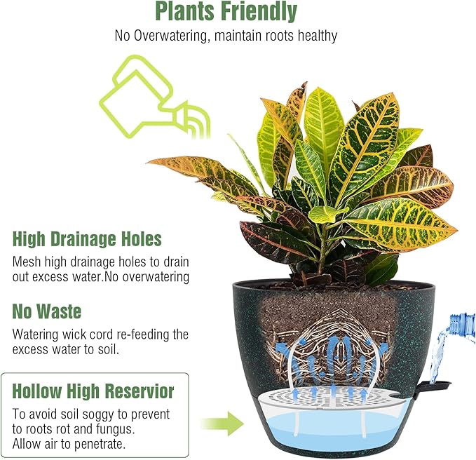 Large Self Watering Pots, 12/10/9 Plastic Planters with High Drainage Holes and Deep Reservoir for Indoor Outdoor Garden Plants and Flowers, Black with Green Speckles