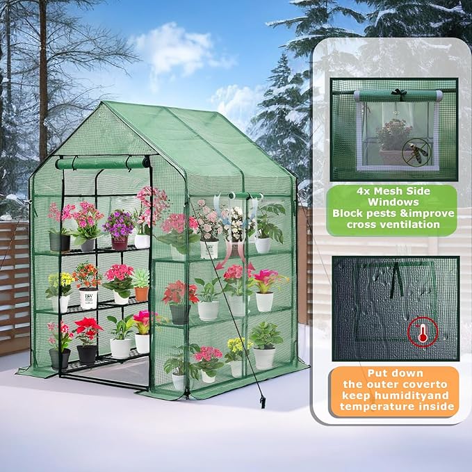 Walk-in Greenhouse w/ Roll-Up Zipper Door & Screen Windows-3 Tiers 12 Shelves 56x56x76“ PE Greenhouse for Outdoor Gardening Plants Cold Frost Protection Wind Rain Proof(PLGHW002G-N)