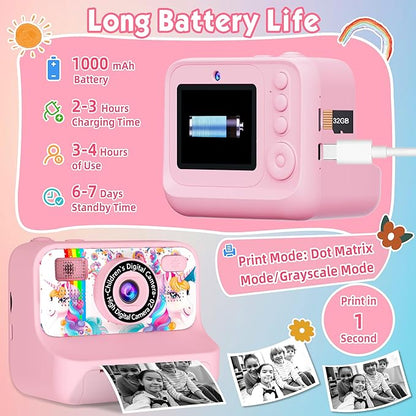 Kids Camera, Upgrade Kids Camera Instant Print, Front Rear Dual Selfie Digital CAM with 1080P Videos, Portable Travel Toy with Games and Music, Christmas Birthday Gift for Boys, Girls and Teens