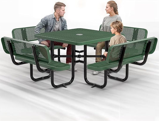 Metal Picnic Tables for Outdoors with Umbrella Hole - Coated Steel Heavy Duty Commercial Grade Table with Adjustable Seats (Green, 46 in, Square with Back, Expanded Steel)